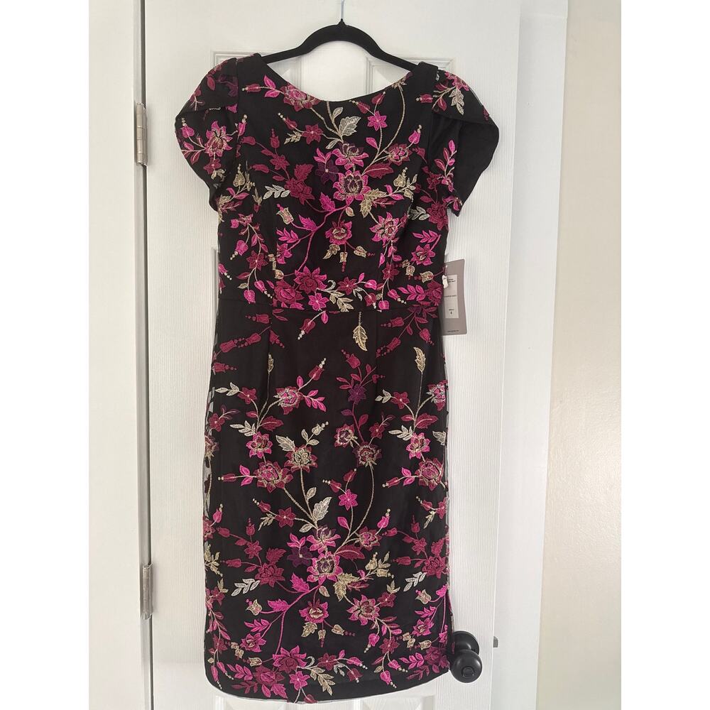 NWT JS Collections Size 4 Black Floral Embroidered Dress Pink Metallic